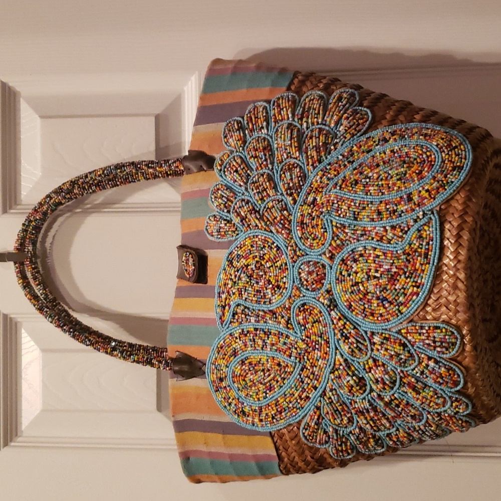 Gullah Hand woven, basket, multicolor-beaded trim and handles. Tote bag.